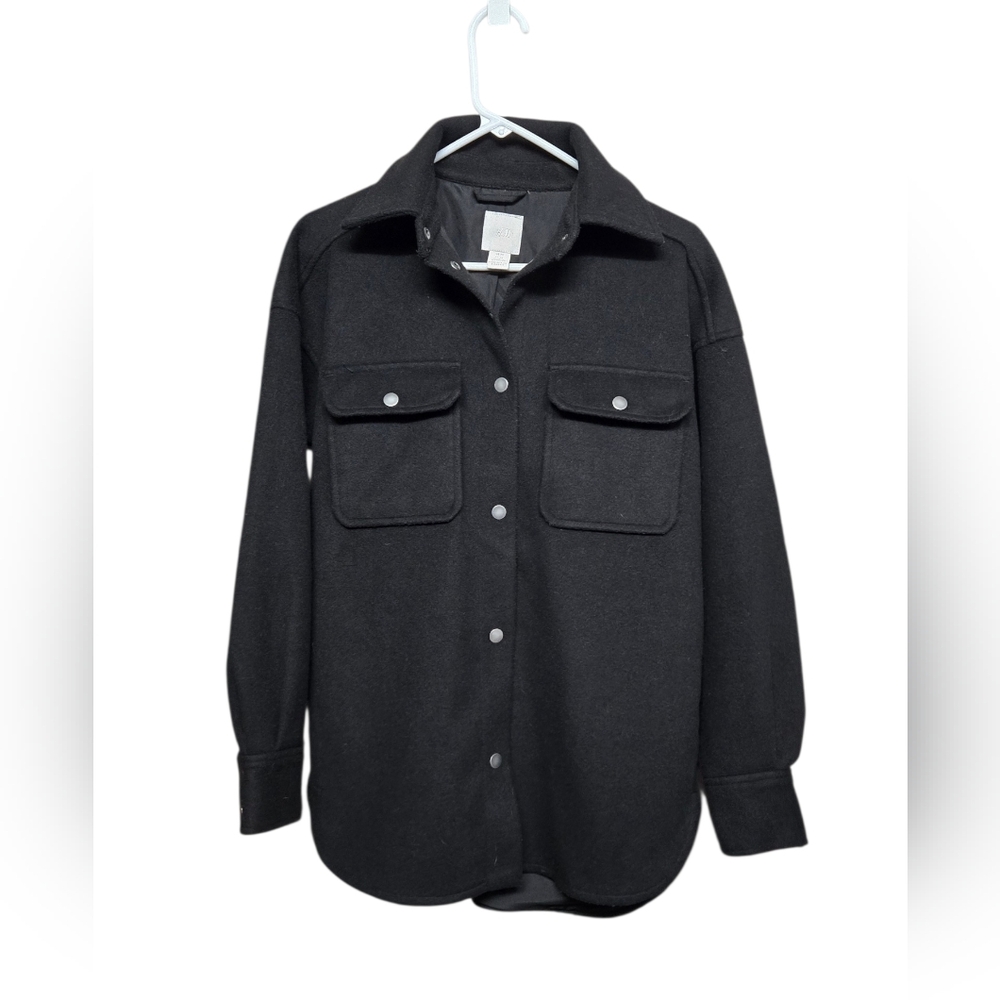 H&M Felted Shacket Snap-Button Long Sleeve Sz XS Oversized Black